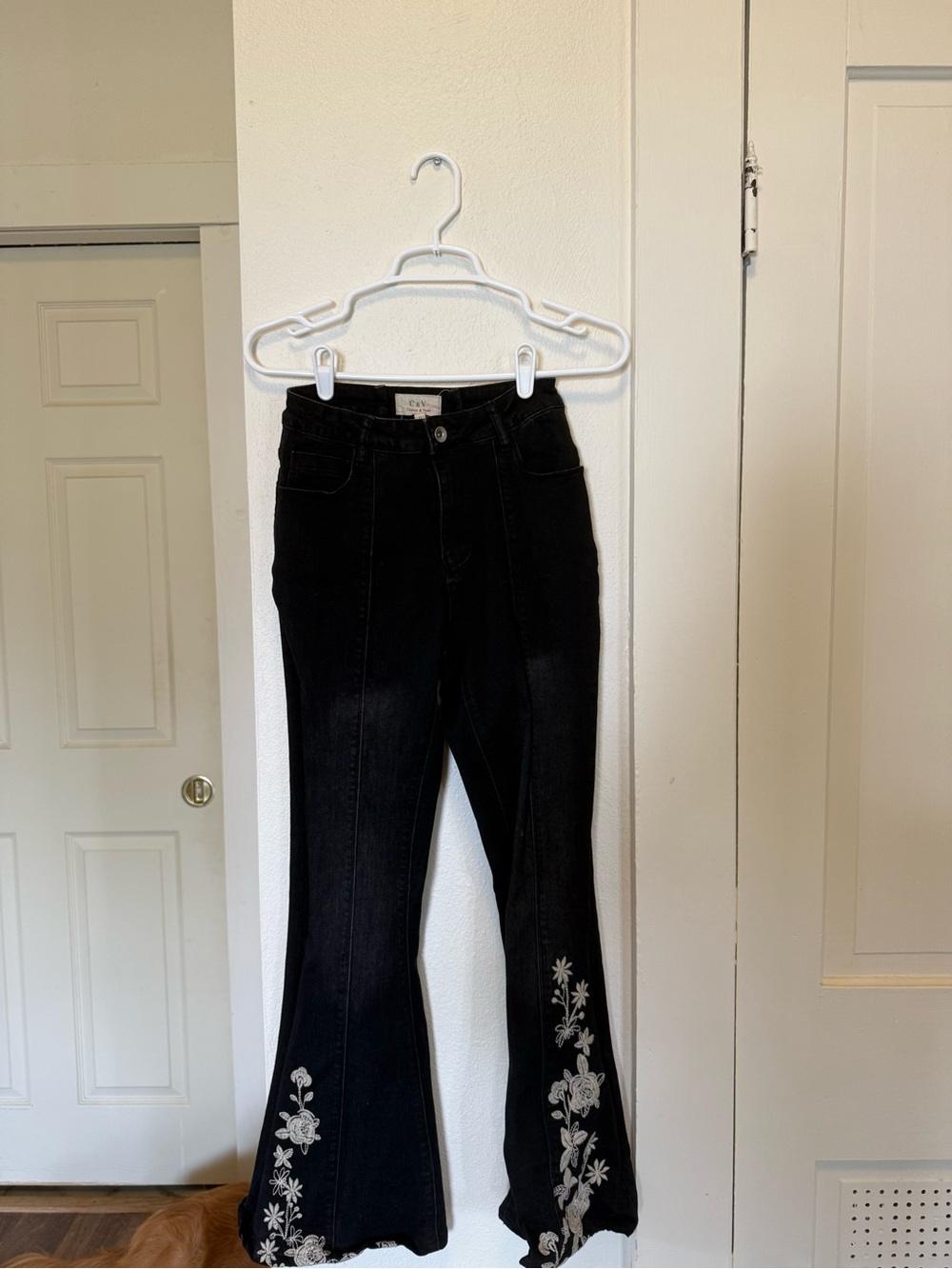 Chelsea & Violet Black Flare Jeans with White Floral Embroidery